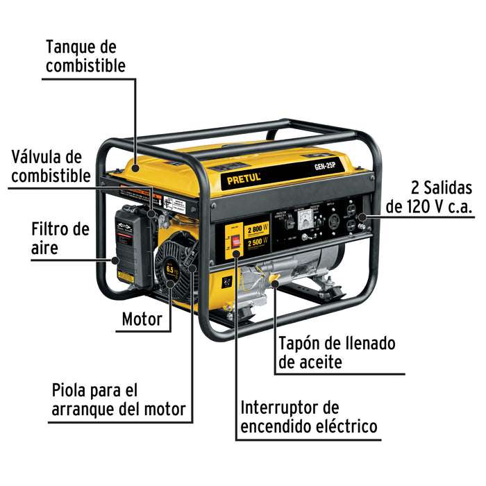 Generador portátil 2.8 kW motor a gasolina, Pretul 26034 GEN-25P
