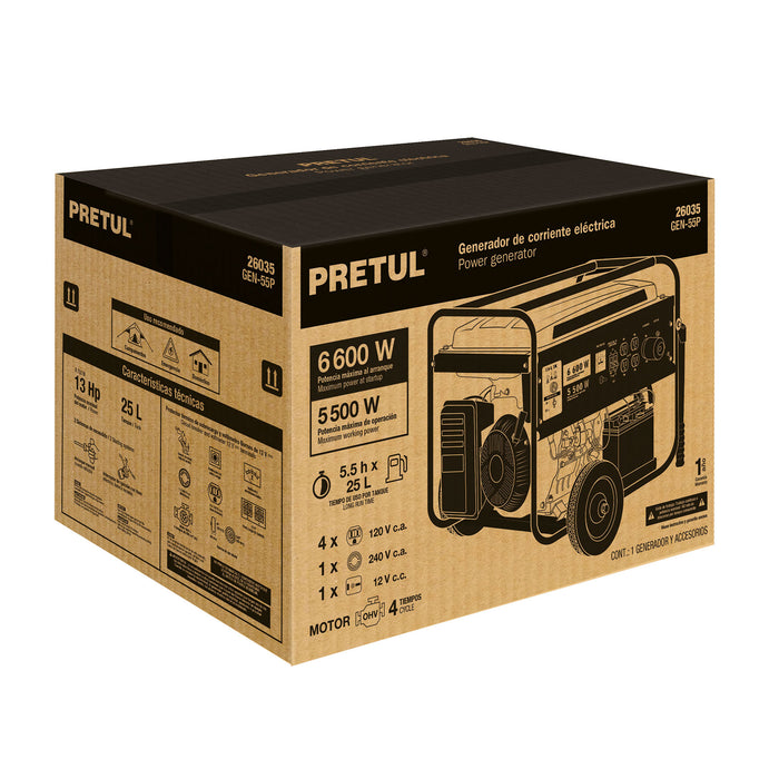 Generador portátil 6.6 kW motor a gasolina, Pretul 26035 GEN-55P