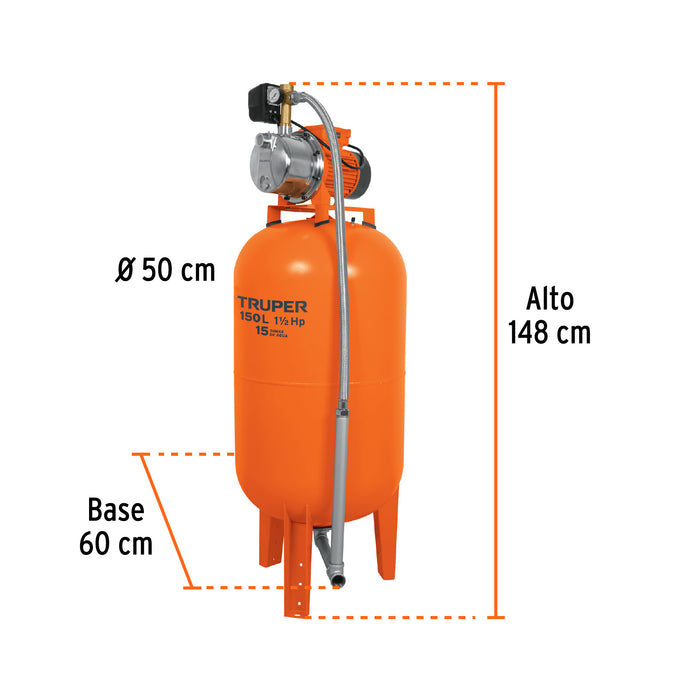 Equipo hidroneumático 150L, bomba jet 1-1/2 HP, Truper Código: 12257