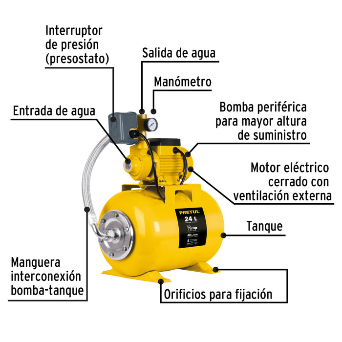 Equipo hidroneumático 24L, bomba periférica 1/2 HP, Pretul Código: 20183