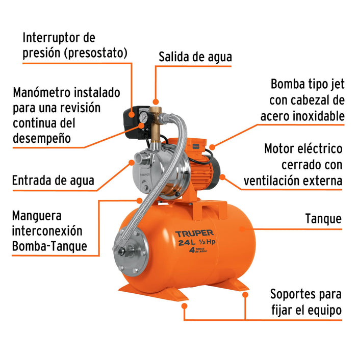 Equipo hidroneumático 24L, bomba jet 1/2 HP, Truper Código: 10077