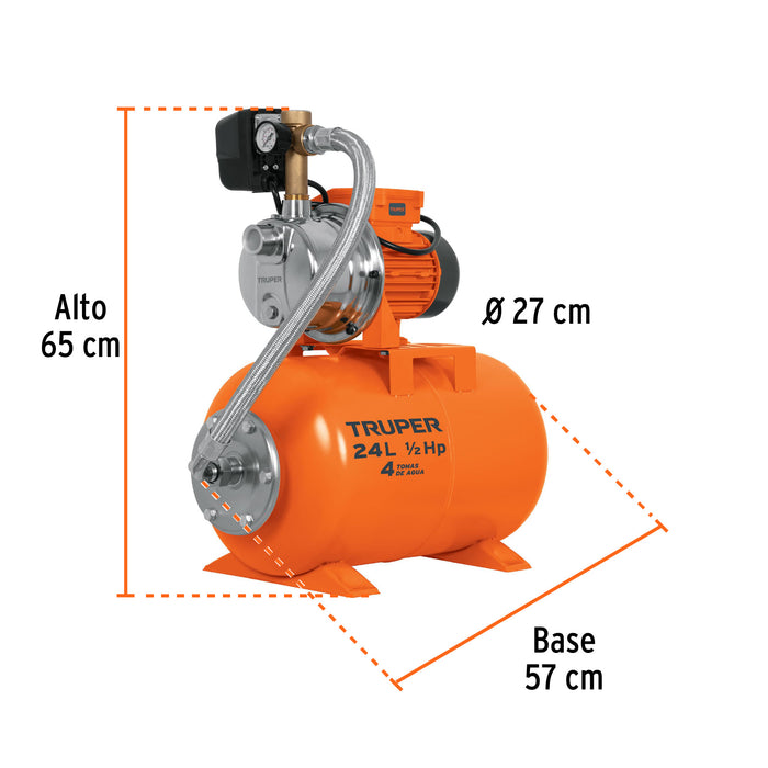 Equipo hidroneumático 24L, bomba jet 1/2 HP, Truper Código: 10077