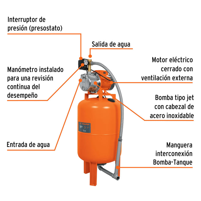 Equipo hidroneumático 100L, bomba jet 1 HP, Truper 12255 HIDR-1X100