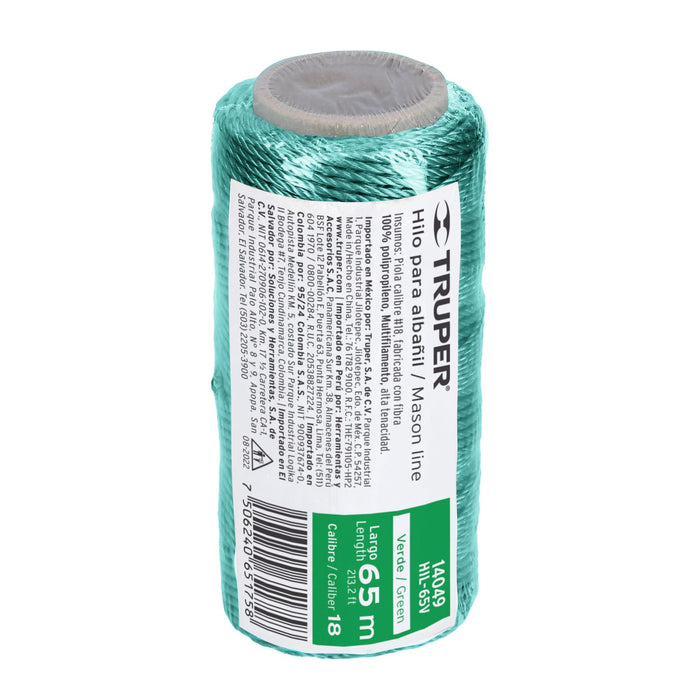 Carrete con 65 m de hilo para albañil verde, Truper 14049 HIL-65V