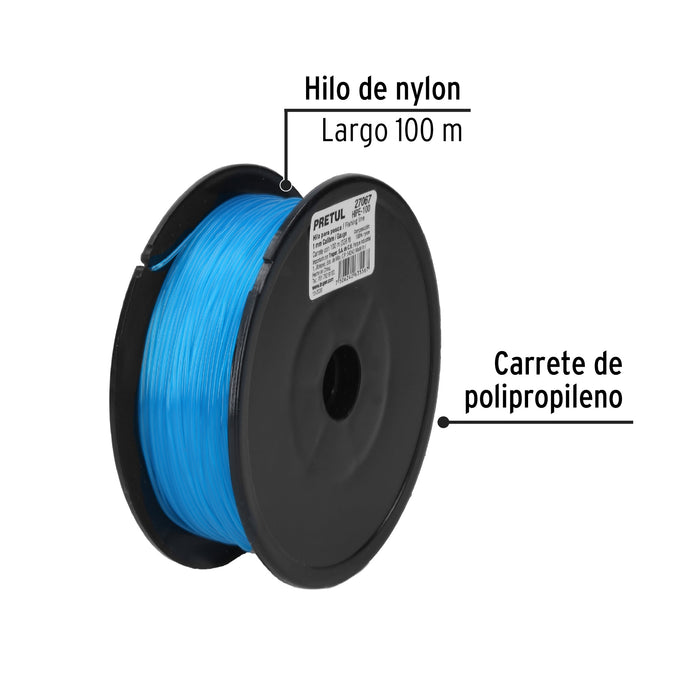 Carrete con 100 m de hilo para pesca azul calibre 1.00 mm 27067 HIPE-100