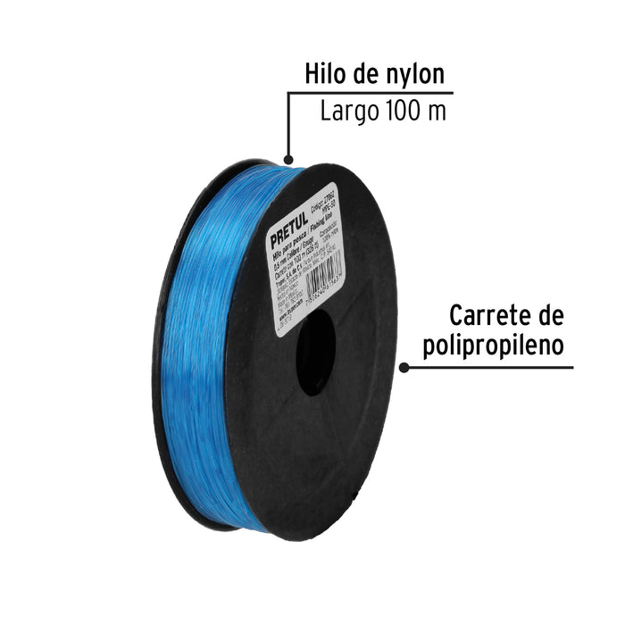Carrete con 100 m de hilo para pesca azul calibre 0.50 mm 27062 HIPE-50