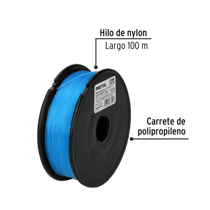 Carrete con 100 m de hilo para pesca azul calibre 0.80 mm 27065 HIPE-80