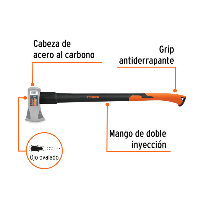 Hacha Michigan 4 lb, mango fibra de vidrio 34', Truper 11133 HM-4FX