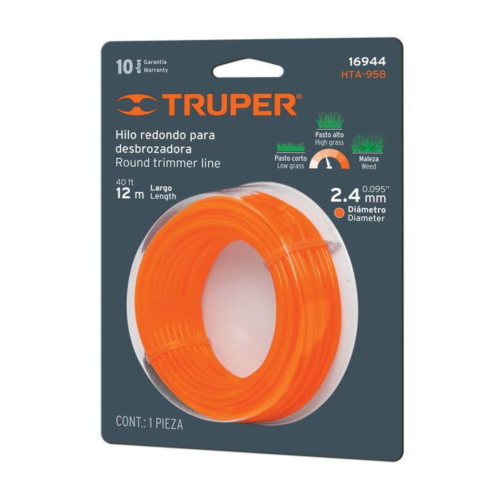 Rollo de hilo para desbrozadora, 2.4 mm x 12 m, Truper 16944 HTA-95B