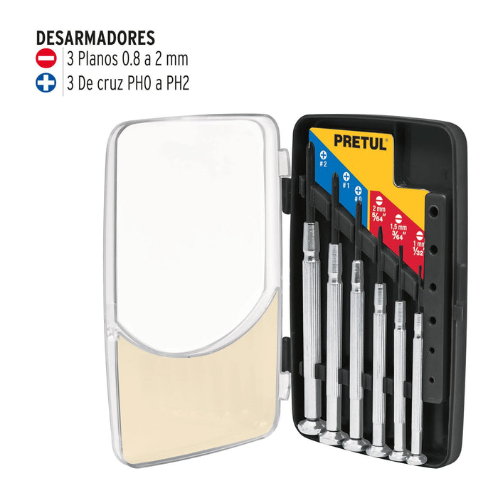 Juego con 6 desarmadores de precisión mango metálico, Pretul 21382 J-DEJ-6P