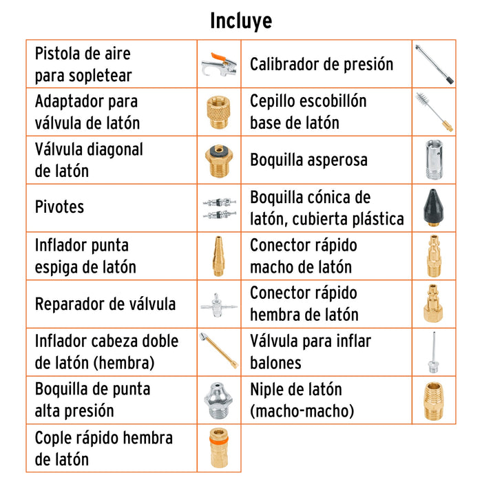 Juego de 18 piezas para compresor de aire, Truper 19079