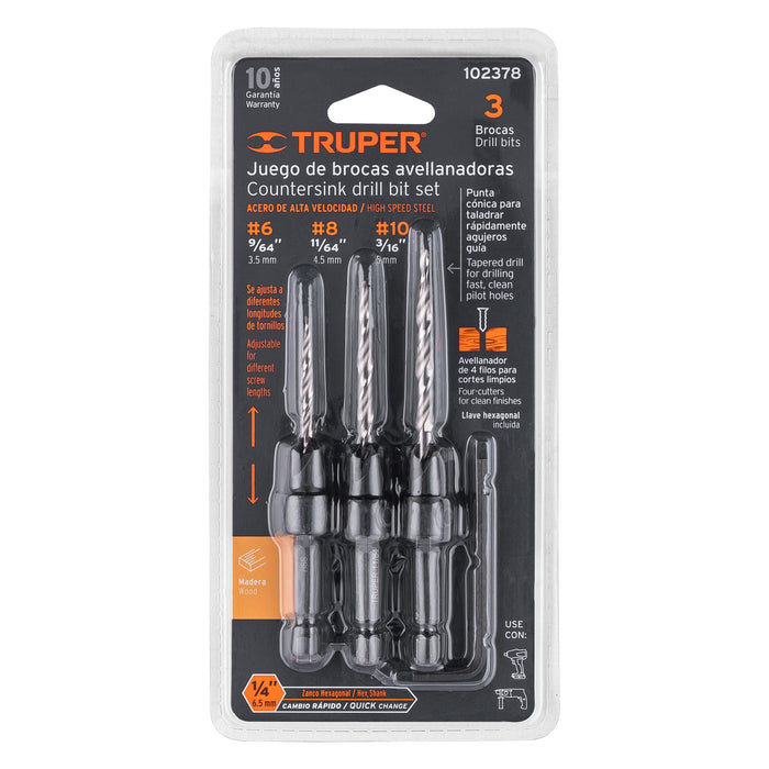 Juego de 3 brocas avellanadoras, Truper 102378 JBAM-3
