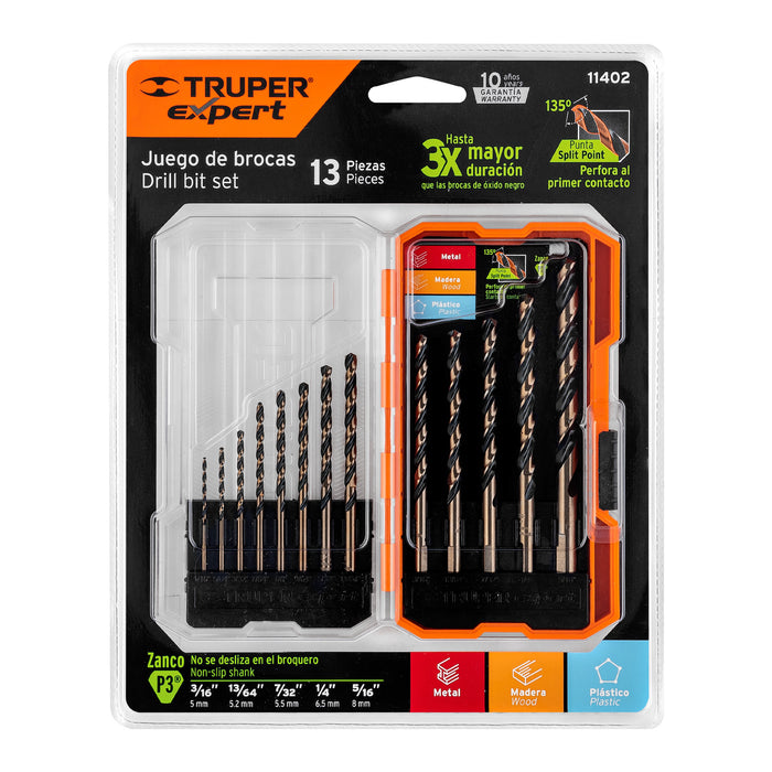 Juego de 13 brocas HSS para metal en estuche, Truper Expert 11402 JBAV-13