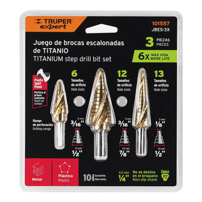 Juego de 3 brocas escalonadas de óxido negro, Truper 100988 JBES-3