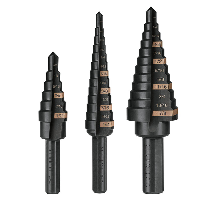 Juego de 3 brocas escalonadas de óxido negro, Truper 100988 JBES-3