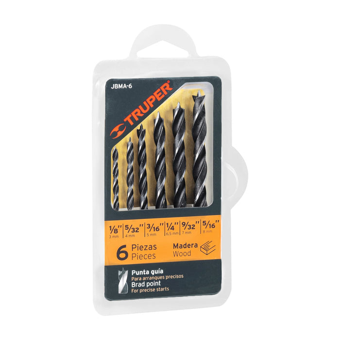 Juego de 6 brocas con punta centradora para madera, Truper 11337 JBMA-6