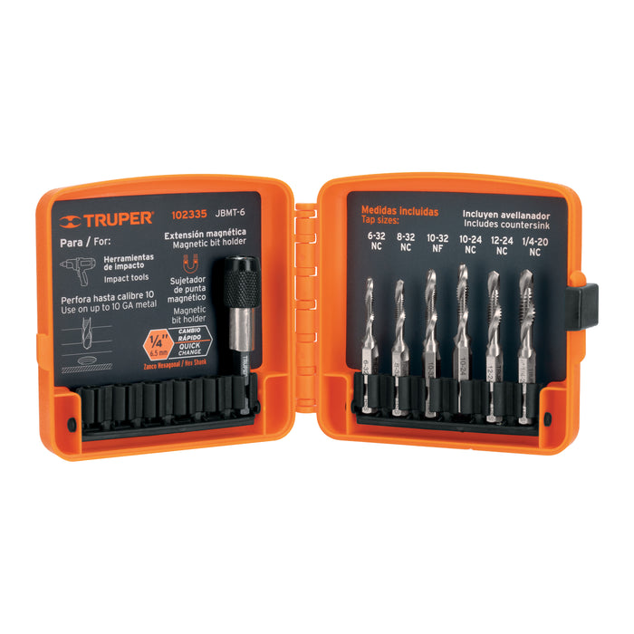 Juego de 6 brocas HSS con machuelo para metal, Truper 102335 JBMT-6