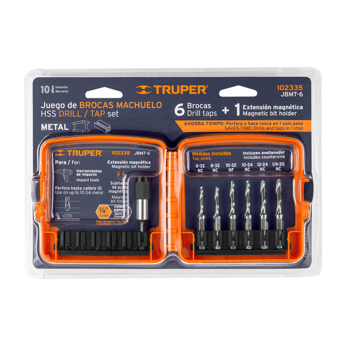 Juego de 6 brocas HSS con machuelo para metal, Truper 102335 JBMT-6