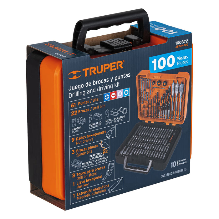 Juego de 100 brocas y puntas en estuche plástico, Truper 100872 JBPUN-100