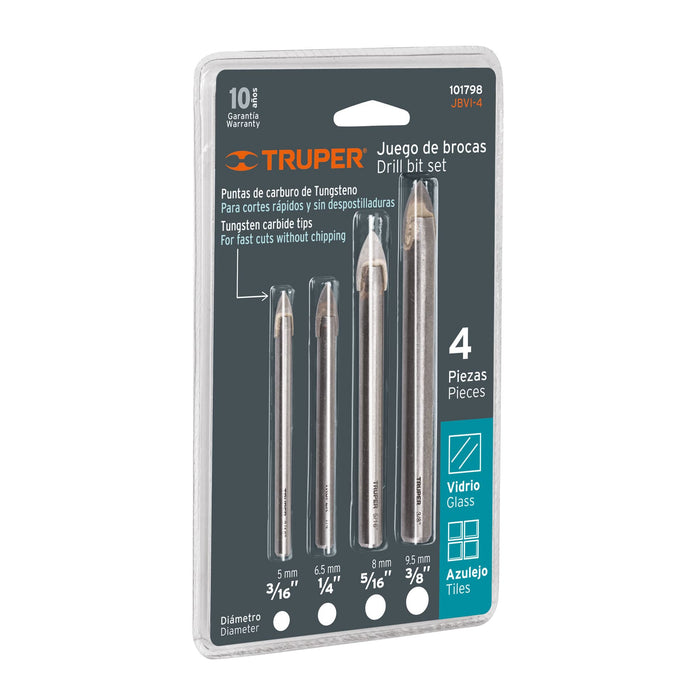 Juego de 4 brocas para vidrio y azulejo, Truper 101798 JBVI-4