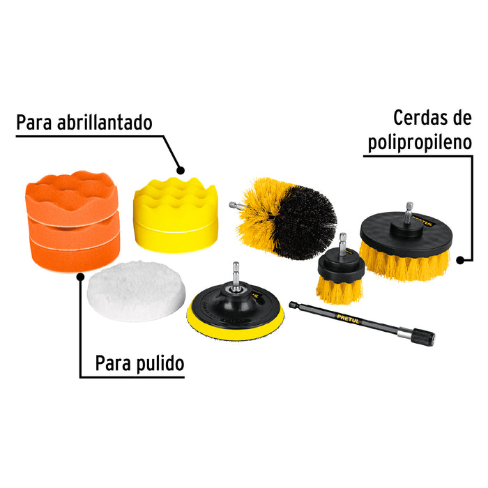 Juego 11 accesorios de limpieza y pulido p/taladro, Pretul 27190 JCE-11P