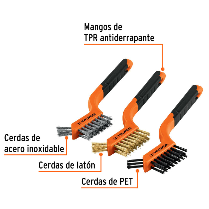 Juego de 3 mini cepillos de alambre 28 pinceles, Truper 10652 JCEA-3
