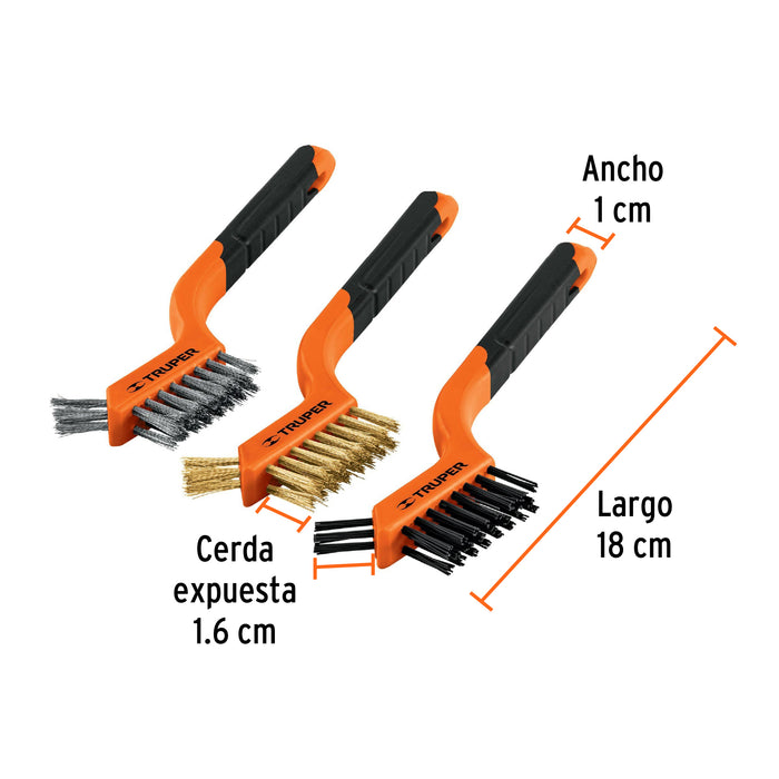 Juego de 3 mini cepillos de alambre 28 pinceles, Truper 10652 JCEA-3