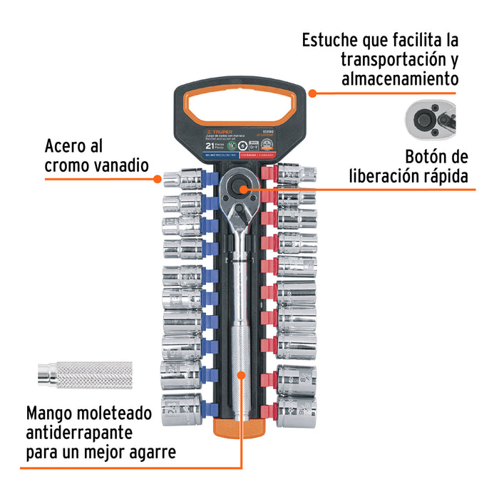 Juego de dados mm y std con matraca, cuadro 1/2', Truper Código: 103110