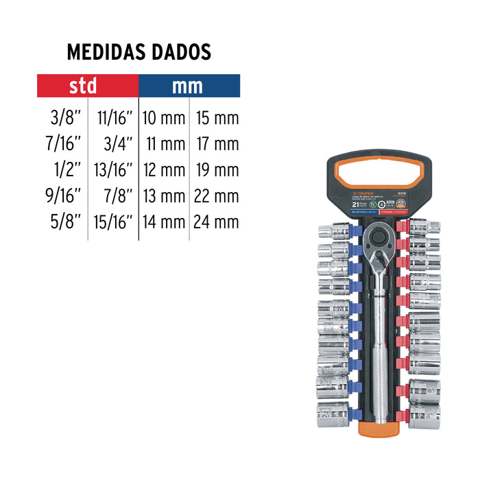Juego de dados mm y std con matraca, cuadro 1/2', Truper Código: 103110