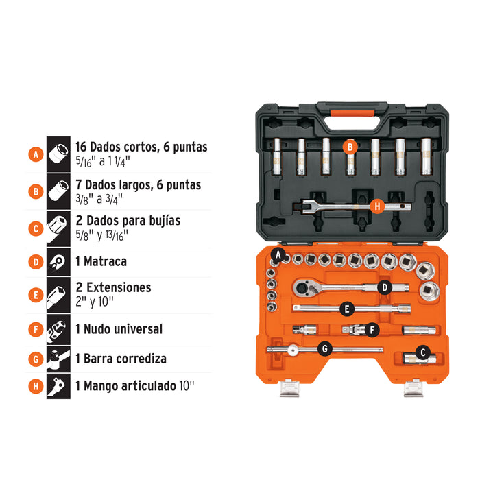 Juego de 31 herramientas cuadro 1/2' std para mecánico Código: 102260