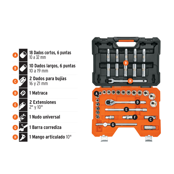 Juego de 36 herramientas cuadro 1/2' mm para mecánico Código: 102249
