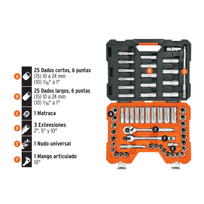 Juego de 56 herramientas cuadro 1/2' std y mm para mecánico Código: 102261