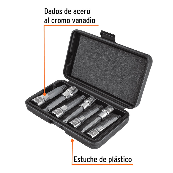 Juego de 7 dados cuadro 1/2' punta larga bristol, en estuche Código: 101306
