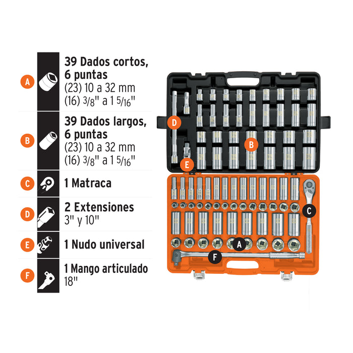 Juego de 83 herramientas cuadro 1/2' std y mm para mecánico Código: 102390