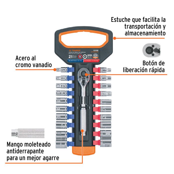 Juego de dados mm y std con matraca, cuadro 1/4', Truper Código: 103108