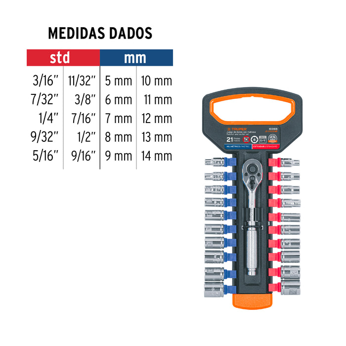 Juego de dados mm y std con matraca, cuadro 1/4', Truper Código: 103108