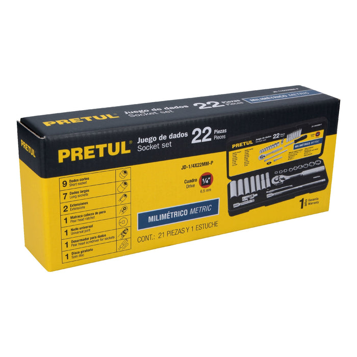 Juego de 22 herramientas 1/4' mm para mecánico, Pretul Código: 23980