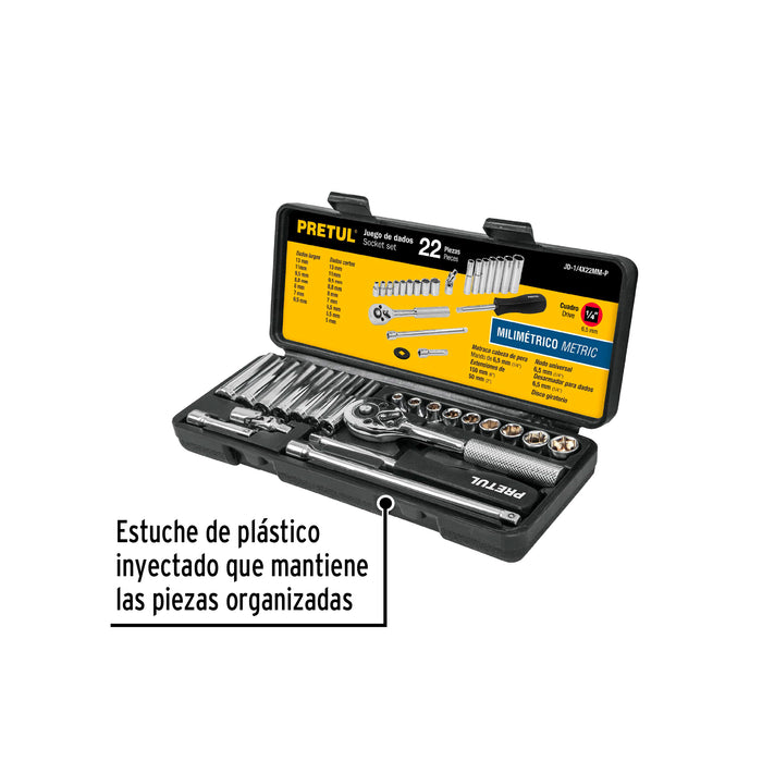 Juego de 22 herramientas 1/4' mm para mecánico, Pretul Código: 23980