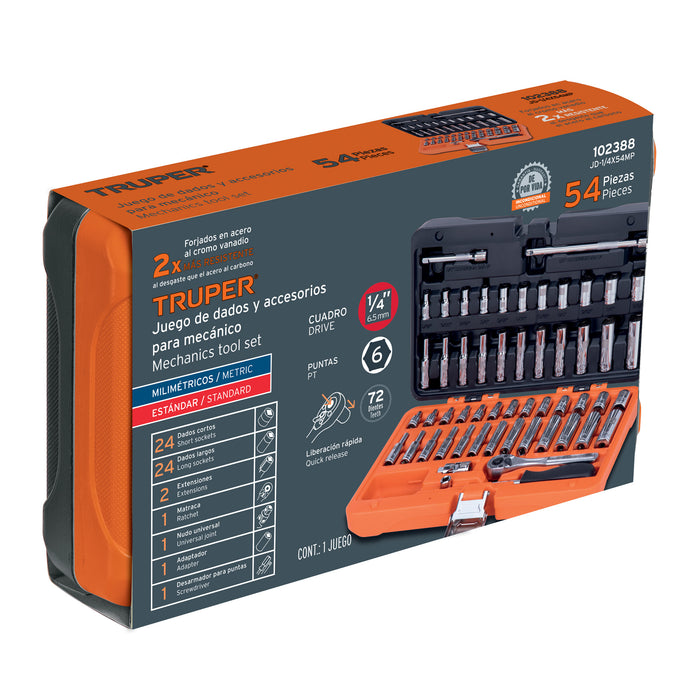 Juego de 54 herramientas cuadro 1/4' std y mm para mecánico Código: 102388