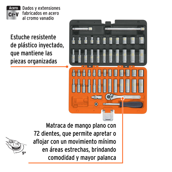 Juego de 54 herramientas cuadro 1/4' std y mm para mecánico Código: 102388