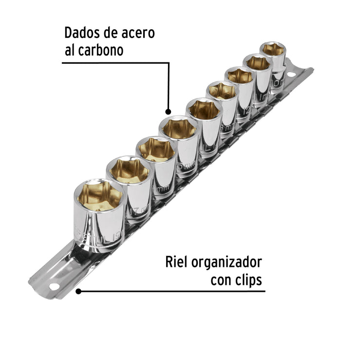 Juego de 9 dados cuadro 3/8' mm, Pretul Código: 21189