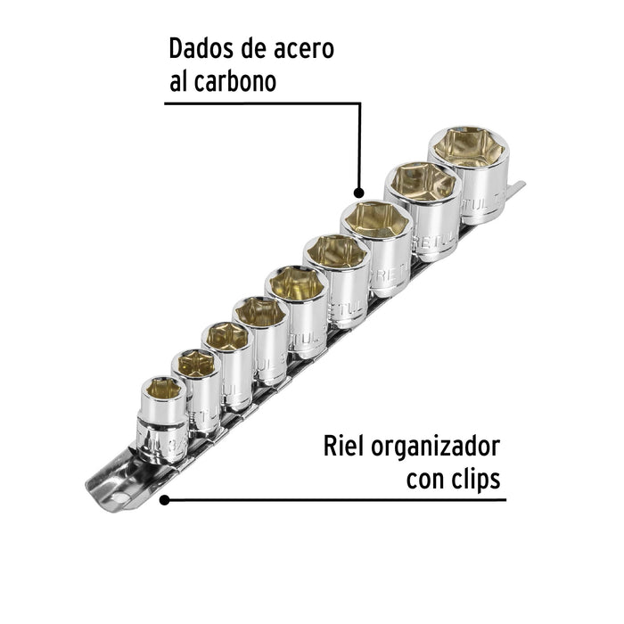 Juego de 9 dados cuadro 3/8' std, Pretul Código: 21185