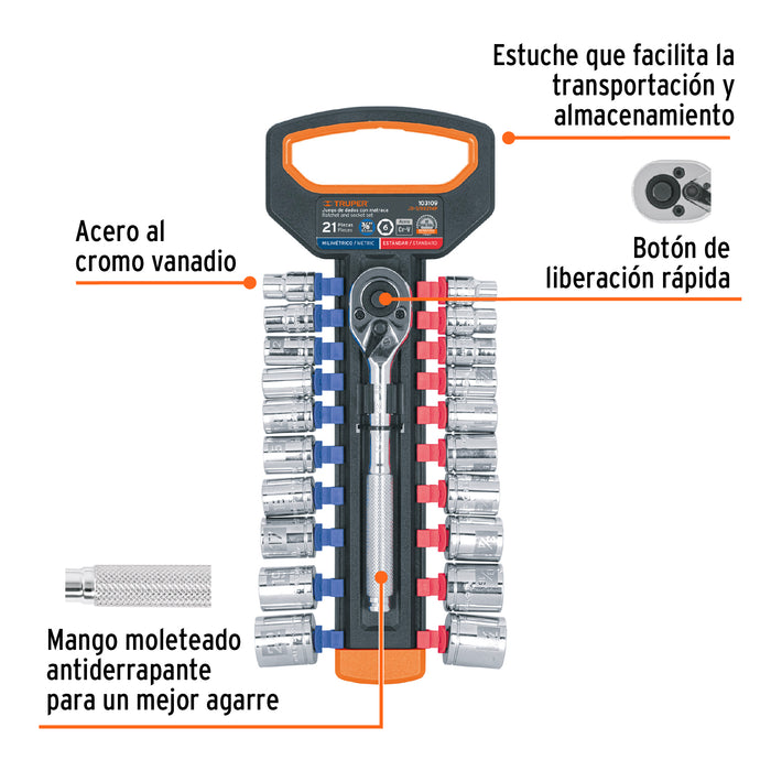 Juego de dados mm y std con matraca, cuadro 3/8', Truper Código: 103109