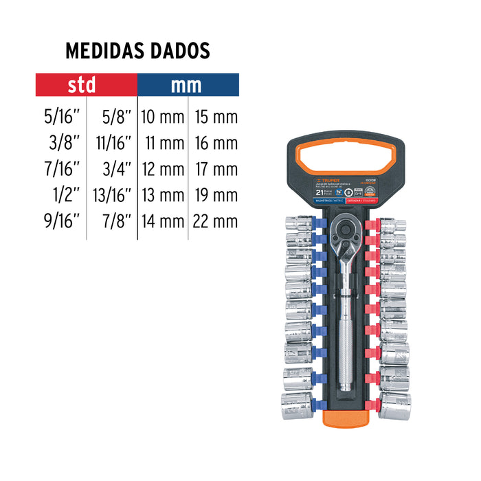 Juego de dados mm y std con matraca, cuadro 3/8', Truper Código: 103109