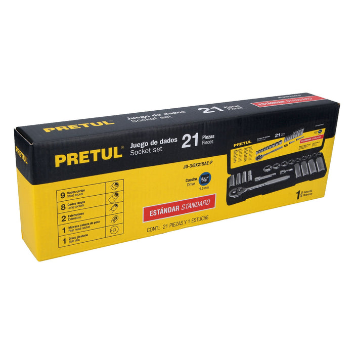 Juego de 21 herramientas 3/8' std para mecánico, Pretul Código: 21187