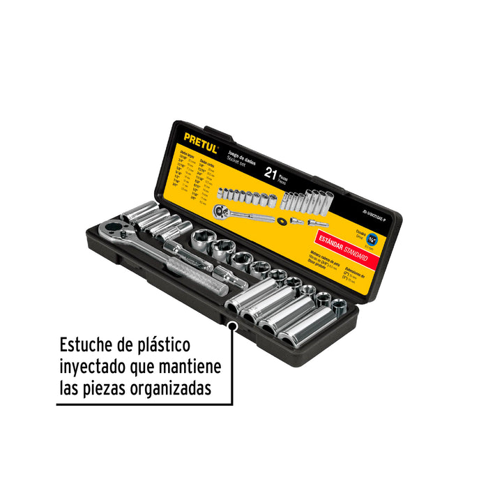 Juego de 21 herramientas 3/8' std para mecánico, Pretul Código: 21187