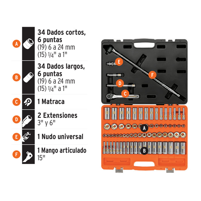 Juego de 73 herramientas cuadro 3/8' std y mm para mecánico Código: 102389