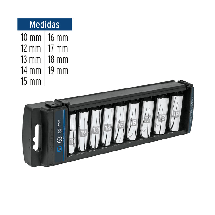 Juego de 9 dados largos cuadro 3/8' mm, Truper Código: 14173