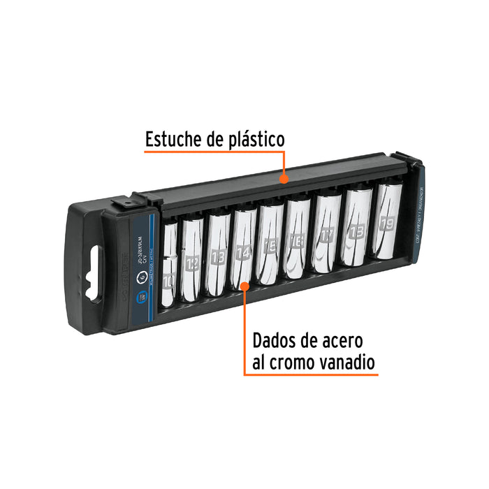 Juego de 9 dados largos cuadro 3/8' mm, Truper Código: 14173