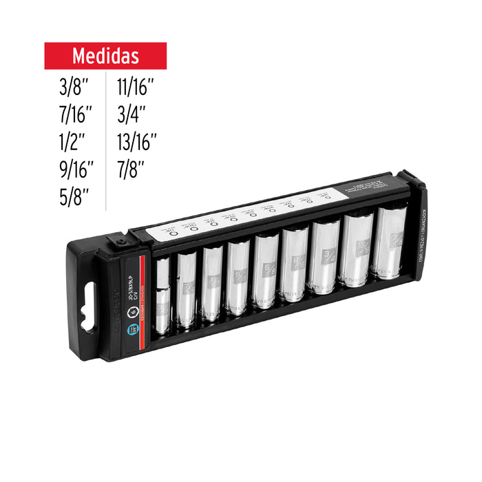 Juego de 9 dados largos cuadro 3/8' std, Truper Código: 14172
